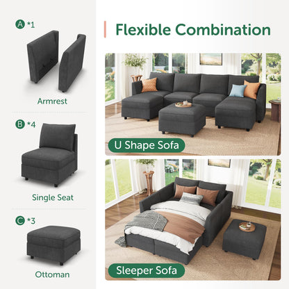 HONBAY Modular Sofa U Shaped Sectional Couch with Storage, Convertible Modular Sofa 7 Seats Sectional for Living Room - Snowflake Velvet Grey