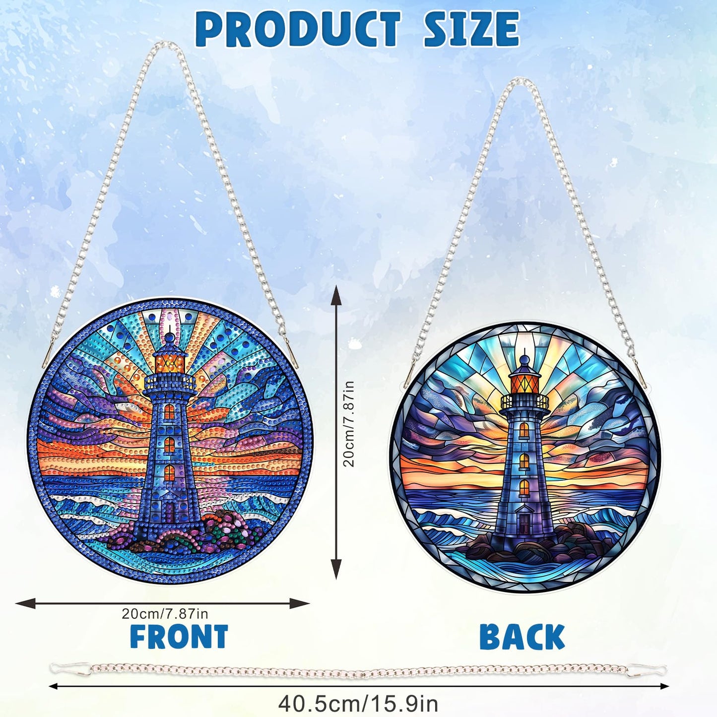 DOMROM Lighthouse Diamond Art Hanging Kit, 5D Special Shaped Rhinestone Painting Suncatcher, DIY Scenic Lighthouse Sunrise Gem Ornament for Window Wall Home Decor