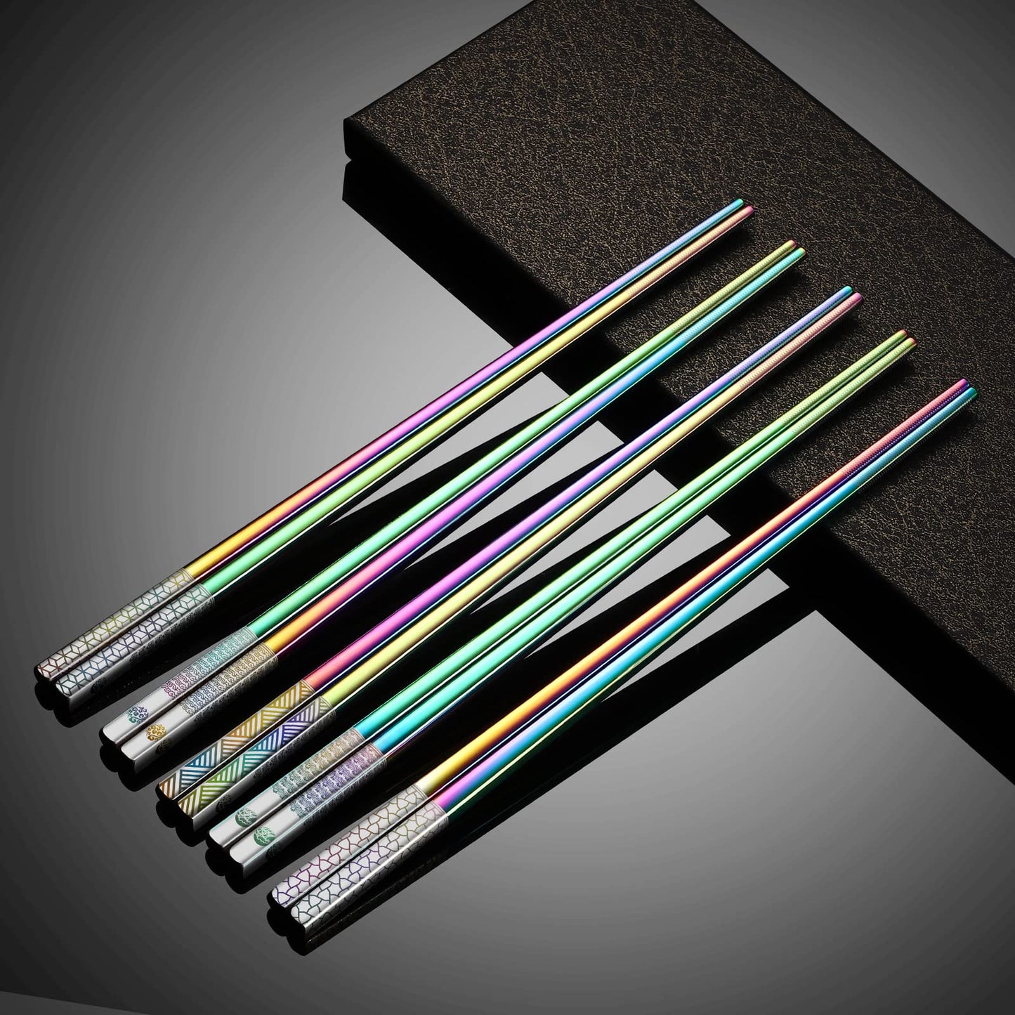 TIICOO Metal Chopsticks Reusable 18/8 Stainless Steel Chopsticks Laser Engraved Premium Titanium Chop Sticks Dishwasher Safe Lightweight Japanese Korean Chopsticks 5 Pairs Gift Set (Rainbow)