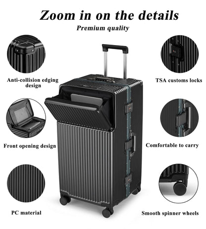 feilario 30in Super Large Captain Aluminum Frame Hardside Spinner Wheels Luggage, Zipperless Checked Suitcase with Front Compartment/Cup Holder/Phone Holder