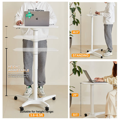HAOOAH 47" Mobile Standing Desk(26" W*19.3" D), Adjustable Height Laptop Desk, Pneumatic Desk with Gas Spring Riser, Podium for Home, Office，Classroom，Medical, (29" to 46.9" H) (White)