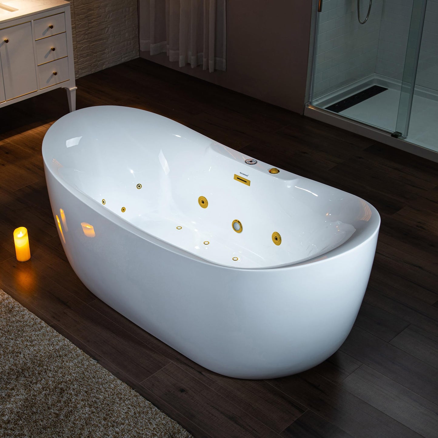 WOODBRIDGE 72" x 35-3/8" Whirlpool and Air Bath Heated Soaking Combination Tub with Adjustable Speed Air Blower and Display Control Panel, Brushed Gold Finish Trim and Drain Kit, BG400