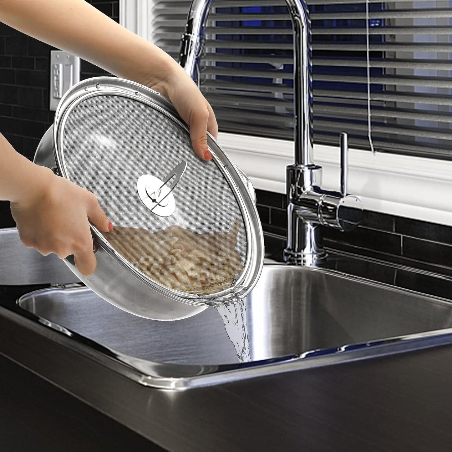 PLACHIDAY Splatter Screen for Cooking - Stainless Steel Grease Splatter Guard for Frying Pan with Foldable Knob, As a Strainer Set of 3(10", 11.5", 13"), Dishwasher Safe