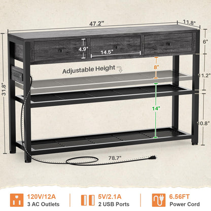 Ecoprsio 47'' Entryway Table with Outlets and USB Ports, Console Table with 3 Drawers, Sofa Table Narrow Long with Storage Shelves for Living Room, Couch, Hallway, Foyer, Kitchen Counter, Grey