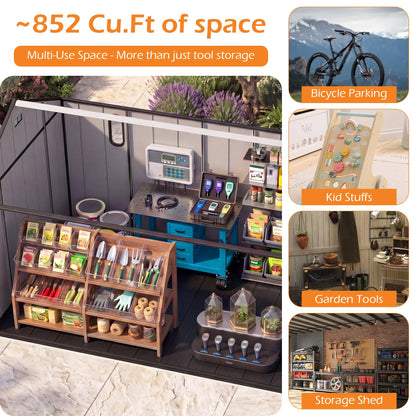 Domi 8x16Ft Resin Outdoor Storage Shed with Floor, Plastic Garden Storage Shed, Outside Weatherproof Storage Building for Tools, Bike, Lawn Mower, Patio, Backyard