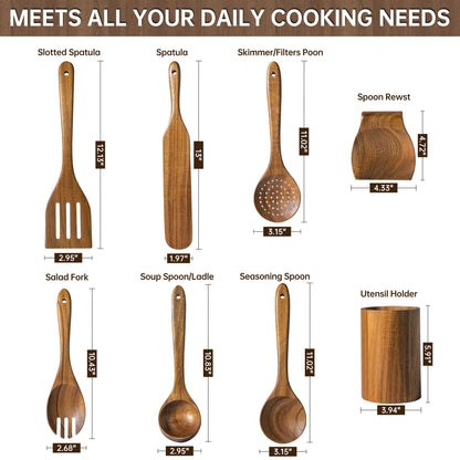 FYCTIO Wooden Utensil Set 8 PCS - Natural Non-Toxic Acacia Wooden Spoons for Cooking, Nonstick, Sturdy,Easy to Clean, Wood Kitchen Utensils Set with Holder, Spoon Rest, Ideal for Gifting