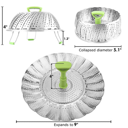 Consevisen Vegetable Steamer Basket for Cooking Food, Stainless Steel Veggie Steam Basket for Pot, Folding Expandable Steaming Insert with Extendable Handle Fits Various Size Pot, 5.1" to 9"