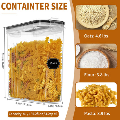 HKJ Chef Cereal Containers Storage Set (4L / 135.2oz), 6PCS Airtight Food Storage Containers with Lids, Cereal Dispensers for kitchen Pantry Organizers and Storage with Pour Spout, 20 Labels, Marker