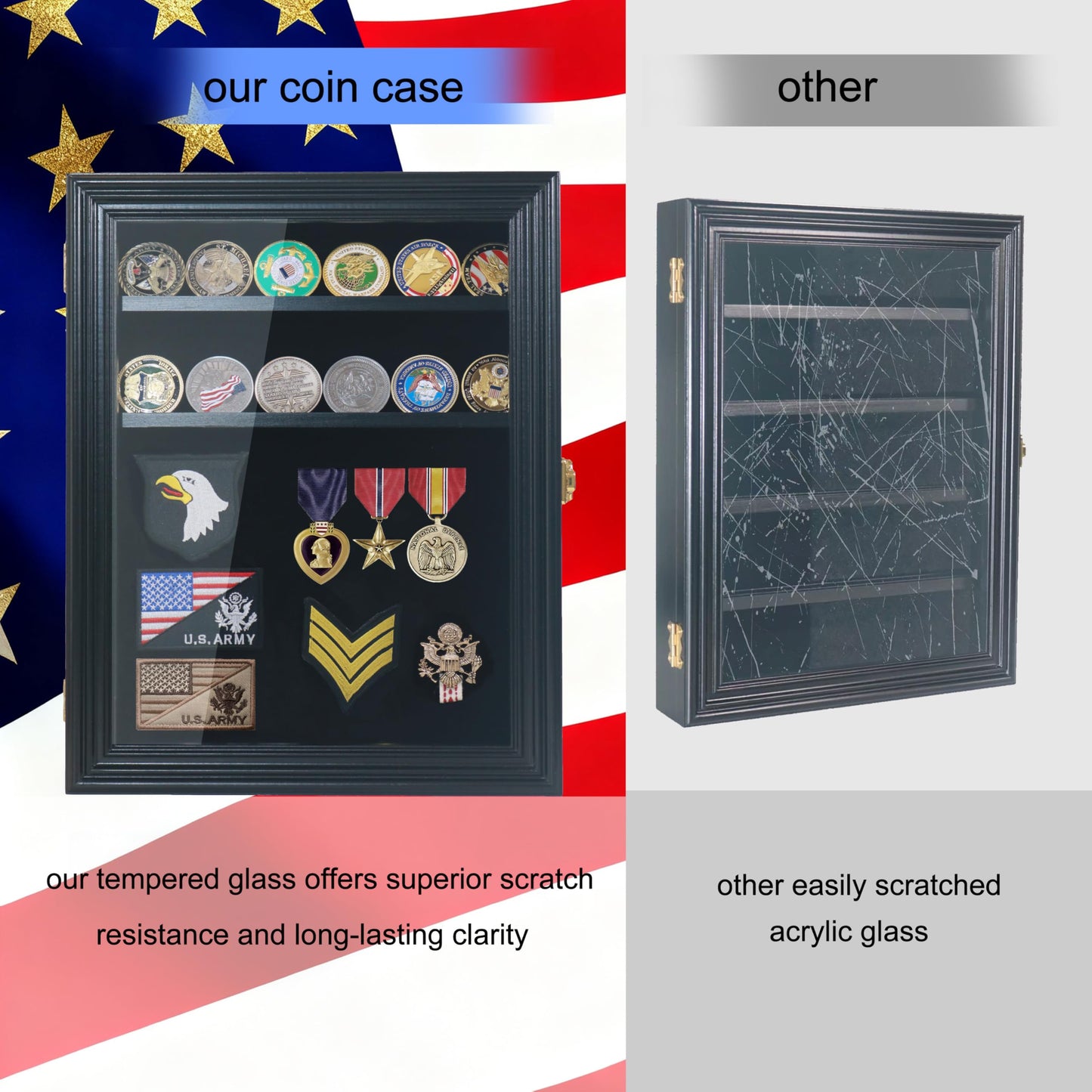 Military Challenge Coin Display Case with Medals Display 11x14IN Shadow Box with HD Toughened Glass, Wall Mount & Removable 2 Grooves Shelves, Coin Holder for Souvenirs, Solid Wood Frame