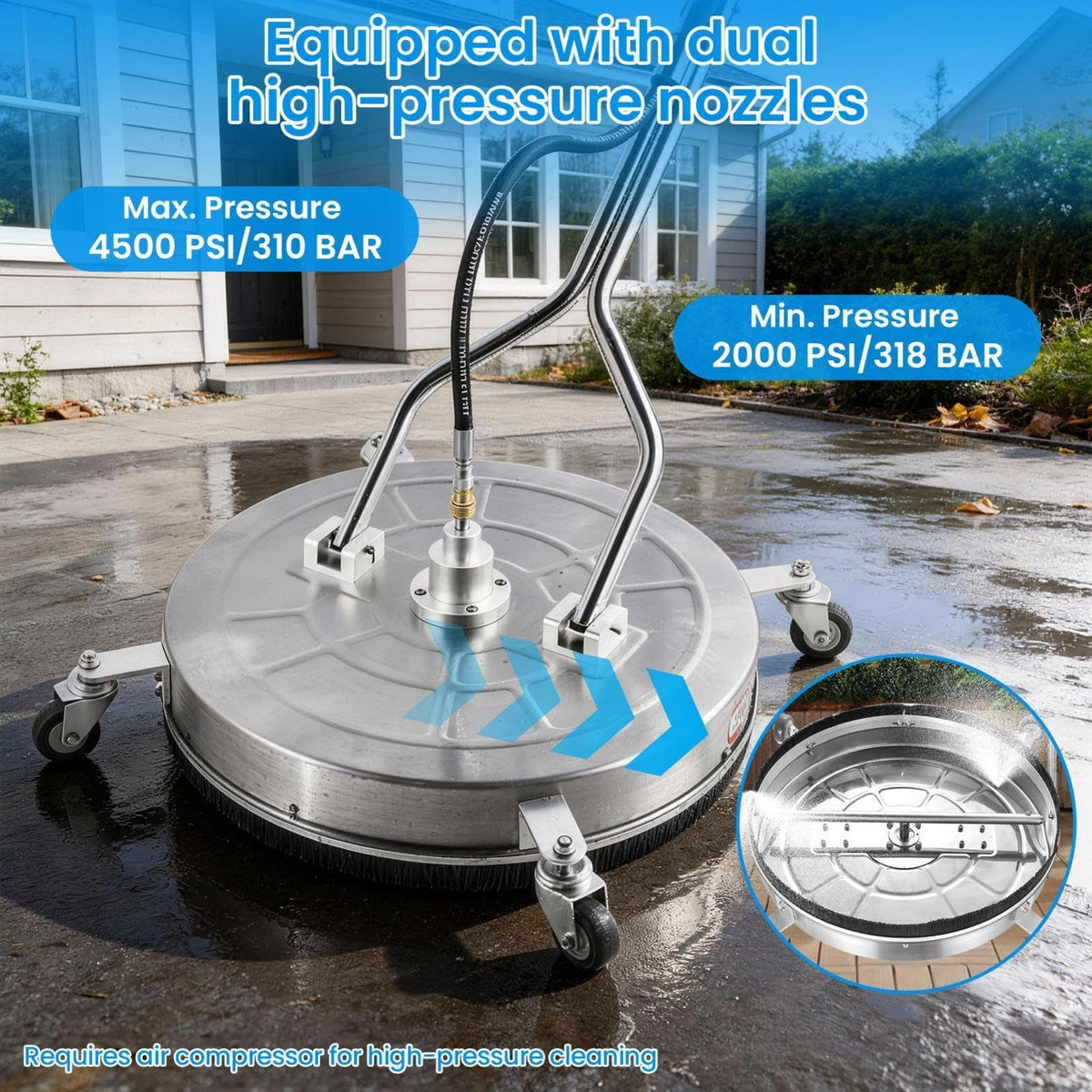 2000-4500 PSI 24" Power Washer Surfaces Cleaner, Upgraded Twin Handle Pressure Washer Attachment with 4 Universal Wheels, Splash Guard & Built-in Filter for Driveways Patios Decks