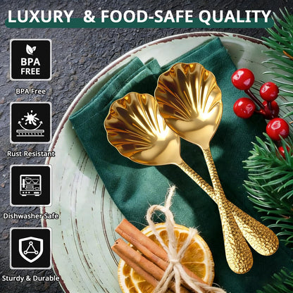 Serving Spoons 4Pack, 18/10 Stainless Steel Large Serving Spoons Set, Hammered Long Handle Serving Spoons for Buffet, Scalloped Design Serving Utensils for Kitchen Party Buffet Banquet (Gold)