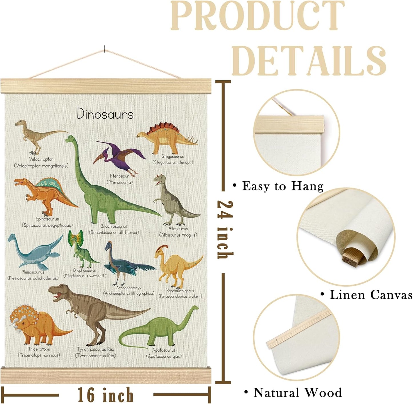 16x24 Inches BCUANGD Dinosaur Dino Wall Decor - Toddler Boys Room Wall Art Poster Hanger with Wood Frames