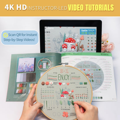 ETSPIL Embroidery Kit for Beginners, Magnetic Needle Minder & 4K Video Tutorials, Pre-Printed Floral Patterns, Bound Guide, Relaxing Screen-Free Craft for Women at Home