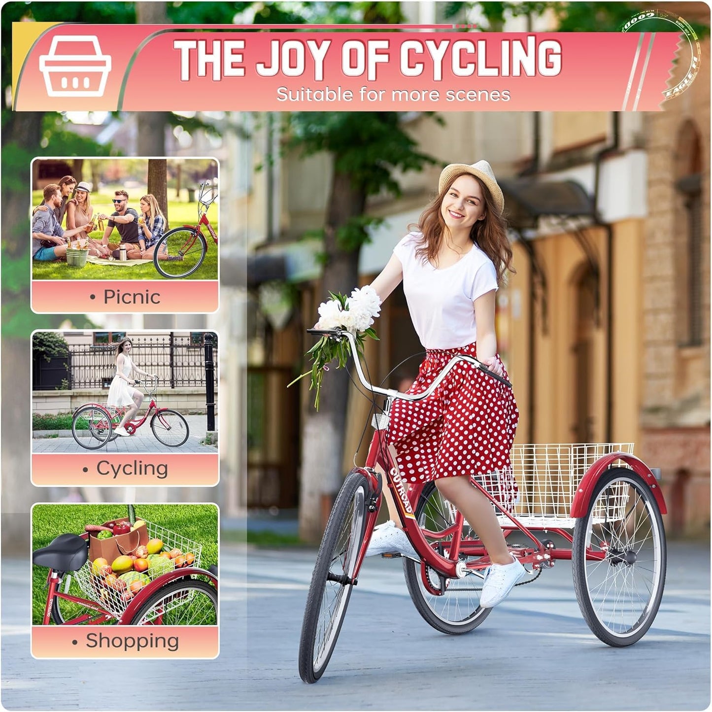 Brightpeak 24-Inch Adult Tricycle with 7 Speeds & Large Rear Basket, Perfect for Seniors & Leisurely Outings (Red)