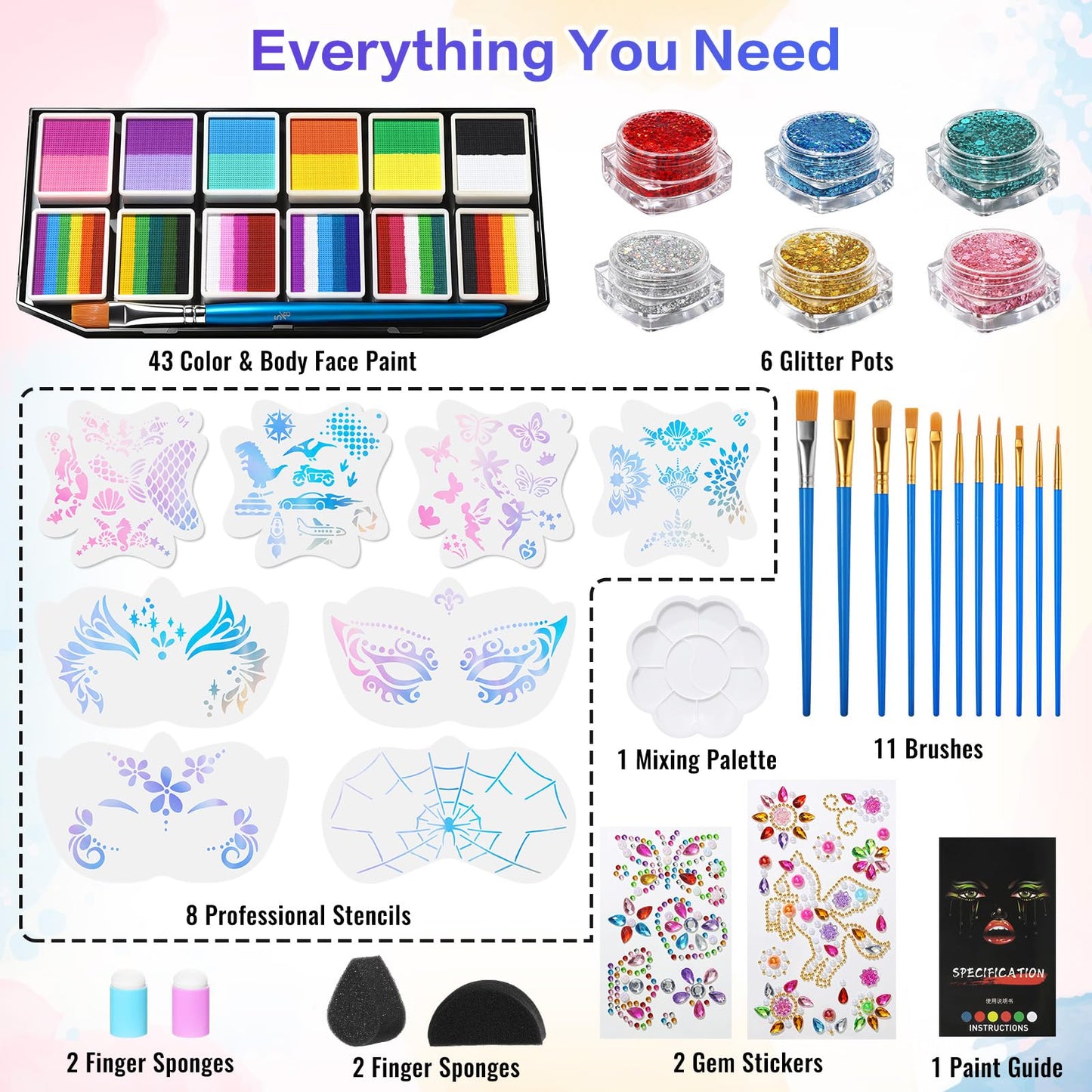 Face Painting Kit - 42 Colors Professional Face Paint Makeup Kit, Non-Toxic Water Activated Body Palette with Brushes, Stencils, Glitter, Gem, Sponge for Halloween, Arty Makeup & Cosplay Party
