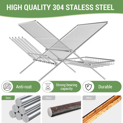 Dish Rack with Drip Tray, Stainless Steel 3-Tier Collapsible Drainer Dish Drying Rack for Kitchen Counter, Sink, Countertop,Cutlery, Dishes Utensils Flatware Holder Set, Reversible Cup Draining Rack