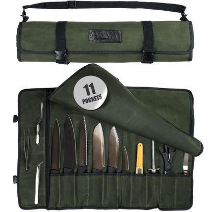 Asaya Waxed Canvas Chef Knife Roll Bag with 10 Slots and a Zipper Pocket - Professional Chef Knife Bag & Storage Case, with Shoulder Strap - Knives Not Included (Forest Green)