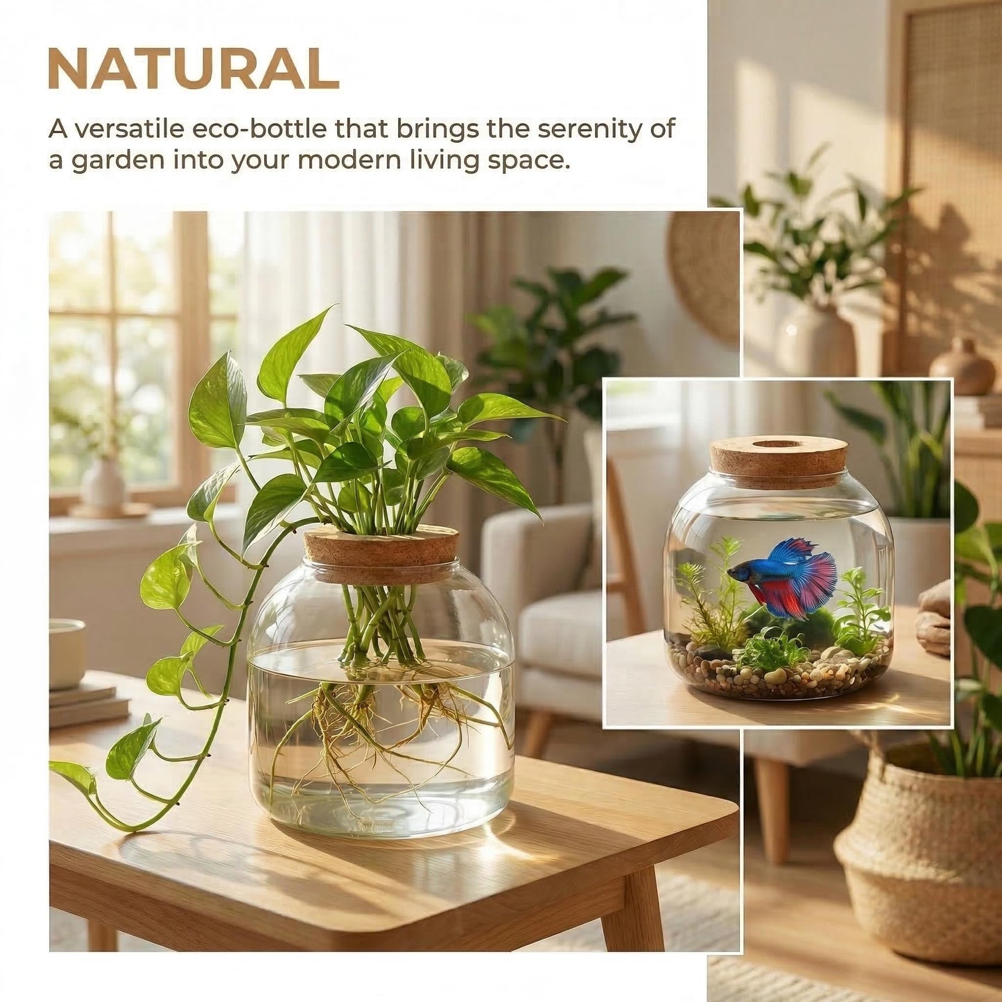 NUOBESTY Glass Terrarium Jar with Cork Lid, Hydroponic Plant Propagation Vase, Clear Round Betta Fish Bowl Tank for Moss Succulent Indoor Desktop Home Decor