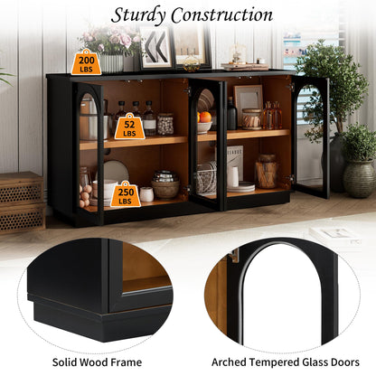 Merax 4-Door Large Storage Buffet Cabinet with Arched Glass Doors and Adjustable Shelves for Kitchen, Dining Room and Living Room