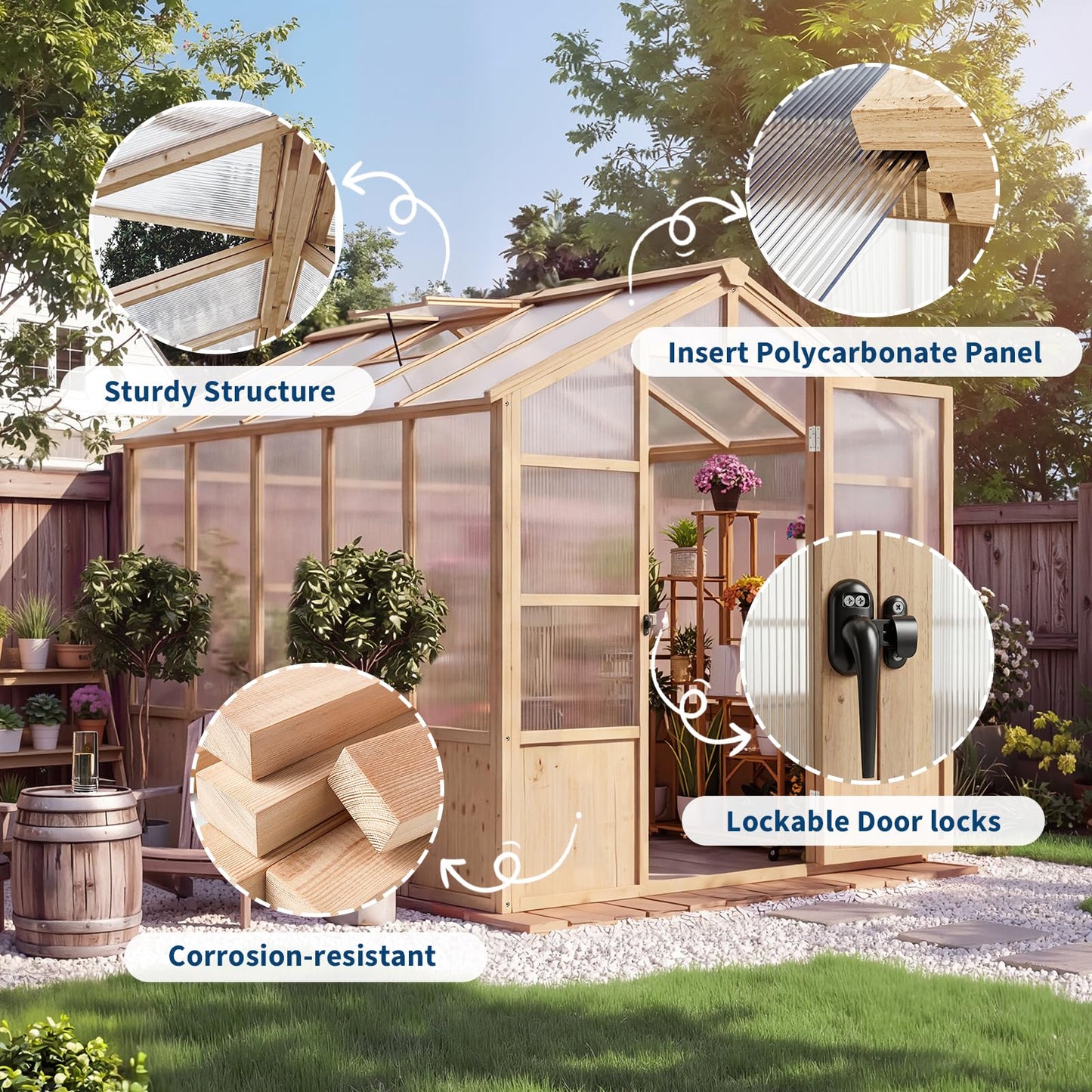GarveeLife 6'x10' Wooden Greenhouse for Outdoor, Large Walk-in Greenhouse Kit with Ventilated Window, Door & Polycarbonate Panels, Heavy Duty Wood Frame Green House for Patio Garden Backyard