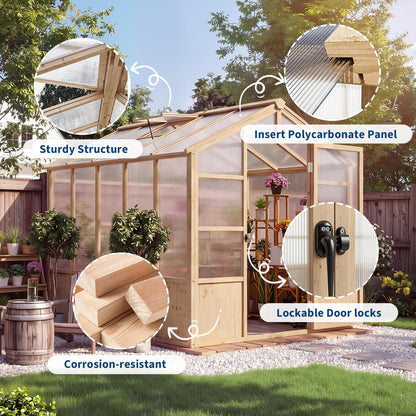 GarveeLife 6'x10' Wooden Greenhouse for Outdoor, Large Walk-in Greenhouse Kit with Ventilated Window, Door & Polycarbonate Panels, Heavy Duty Wood Frame Green House for Patio Garden Backyard