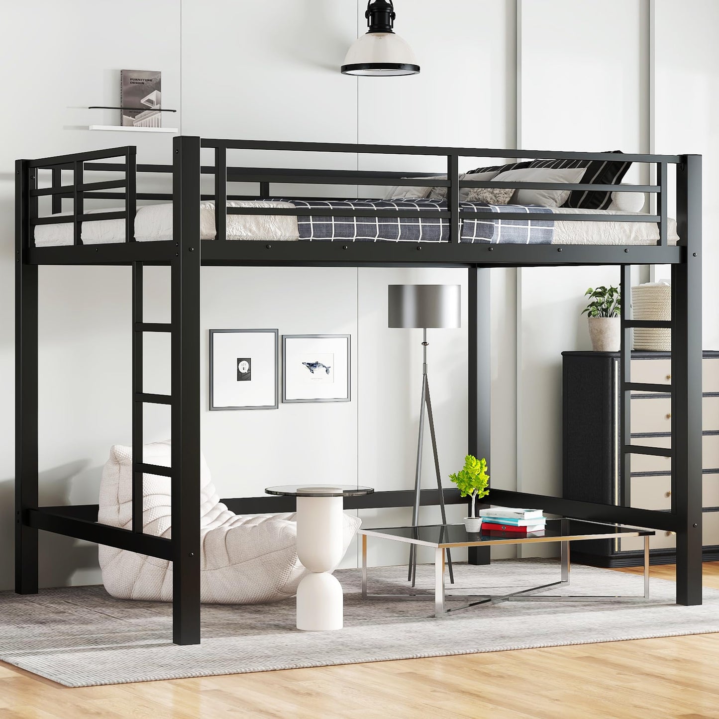 KEIKI Queen Loft Bed with Climbing Ladder for Adults，Heavy Duty Bunk Beds with Guardrails, Metal Bedframe for Bedroom, Black
