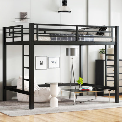 KEIKI Queen Loft Bed with Climbing Ladder for Adults，Heavy Duty Bunk Beds with Guardrails, Metal Bedframe for Bedroom, Black
