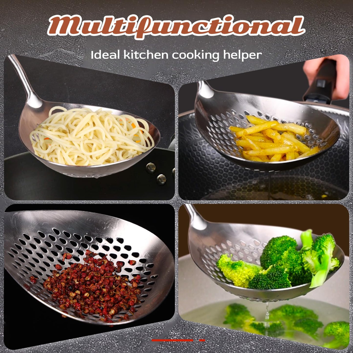 Skimmer Slotted Spoon -16.5in 304 Stainless Steel Pasta Spider Strainer Skimmer Ladle Spoon for Cooking and Frying - Kitchen Metal Scoop Colander Strainer Spoon with Heat Resistant Black Wooden Handle