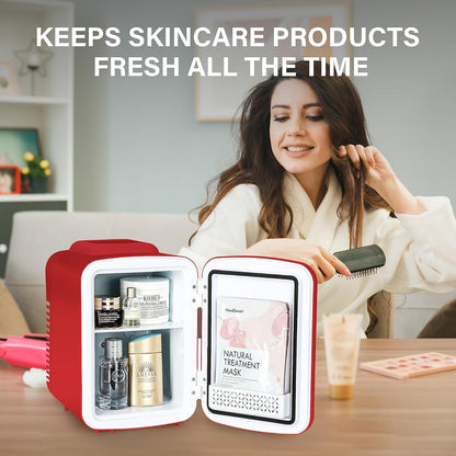 Simple Deluxe 4L Portable Mini Fridge, Compact Cooler & Warmer for Skincare, Food, Beverages, Red