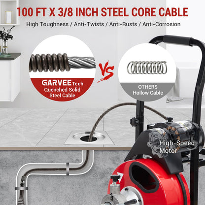 GarveeTech Auto Feed 100 ft x 3/8 in Drain Cleaner Machine with 250W Motor, Portable Sewer Snake Auger with 8 Cutters & Air-Activated Foot Switch, Fits 1 in to 4 in Pipes, Black & Red