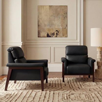 STHOUYN Oversized Leather Accent Chair, Mid Century Modern Office Arm Chair with Solid Wood Legs & High Backrest, Comfy Upholstered Side Sofa Chair for Living Room, Waiting Room, Bedroom (2, Black)