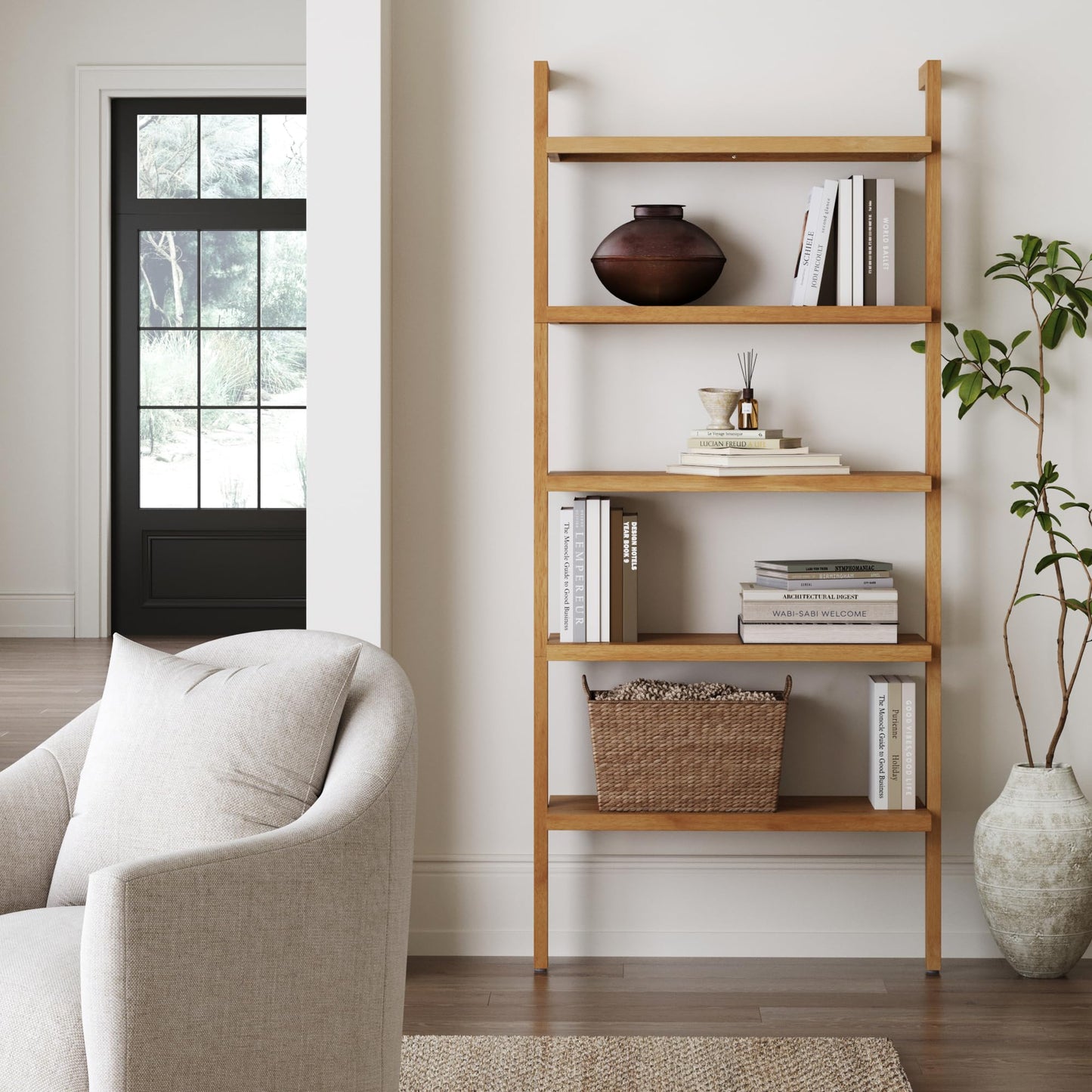 Nathan James Beacon Bohemian 5 Tier Bookshelf, Wall Mounted Bookcase, Solid Wood Bookshelf in Warm Pine
