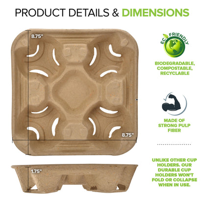 4 Cup Disposable Coffee Tray (75 Count), Commercially Compostable Cup Holder, Durable Drink Carrier for Hot or Cold Drinks, to Go Coffee Cup Holder for Food Delivery Service