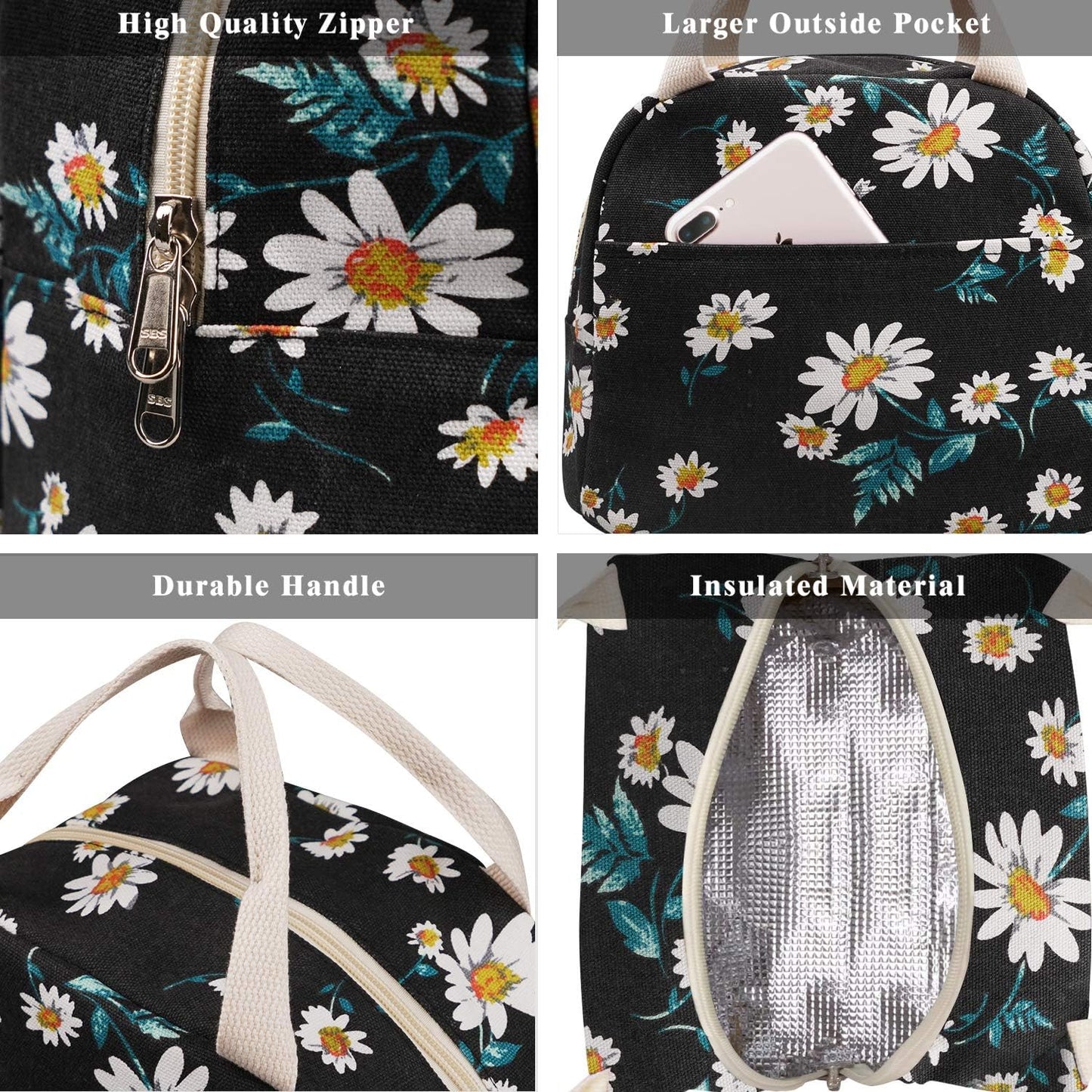 EurCross Women's Lunch Bags for Work, Chic Floral Daisy Pattern Canvas Insulated Black Lunch Tote Bag Carrier