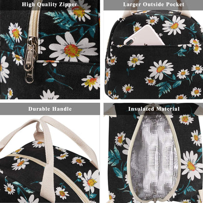 EurCross Women's Lunch Bags for Work, Chic Floral Daisy Pattern Canvas Insulated Black Lunch Tote Bag Carrier