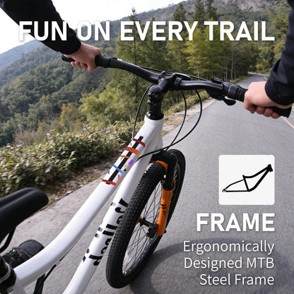 vollsch 24 Inch Kids Mountain Bike for 9-15 Years Old Boys Girls Teens 6-Speed Child MTB Bicycle with Front Suspension Fork, White with Orange Fork