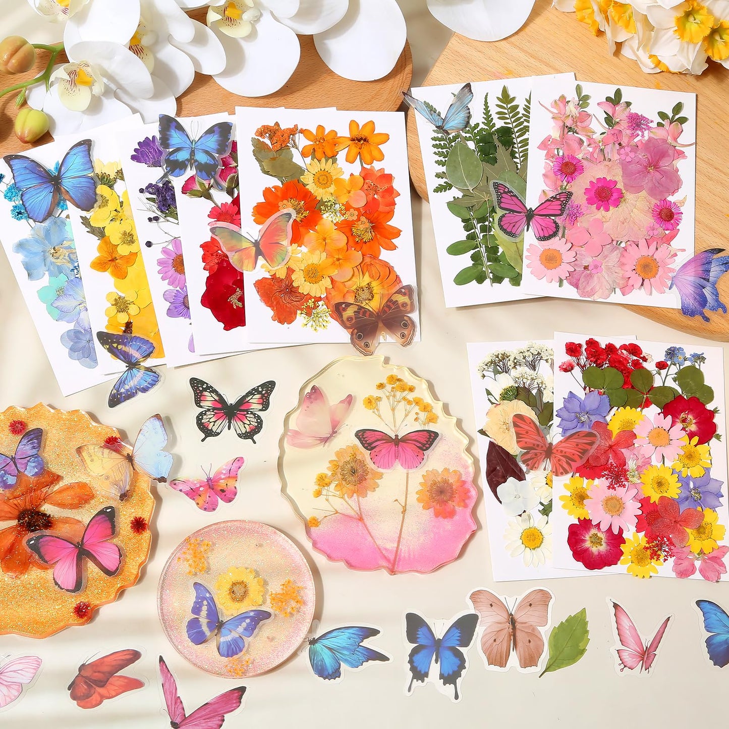 318 PCS Pressed Flowers Butterfly Stickers for Craft, Real Dried Pressed Flowers Bulk Natural Dry Flowers Floral with DIY Butterfly Stickers Tweezers for Art, Resin Mold, Candles, Soap, Jewelry Making