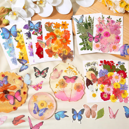 318 PCS Pressed Flowers Butterfly Stickers for Craft, Real Dried Pressed Flowers Bulk Natural Dry Flowers Floral with DIY Butterfly Stickers Tweezers for Art, Resin Mold, Candles, Soap, Jewelry Making