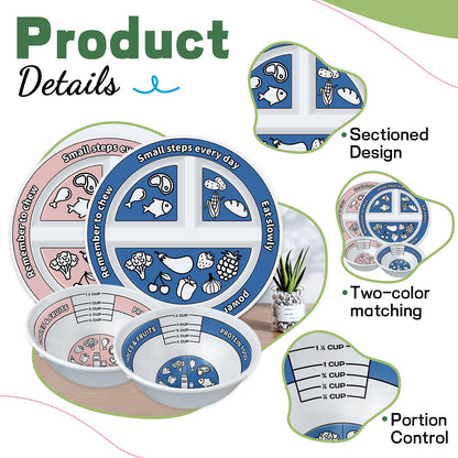 Viynran 4 Pcs Portion Control Plates & Bowls Set (2 Plates + 2 Bowls, 9 Inch) - Self-Measuring for Weight Loss, Gastric Bypass, LapBand, Diabetes & Healthy Diets, Pink & Blue, for Adults & Children