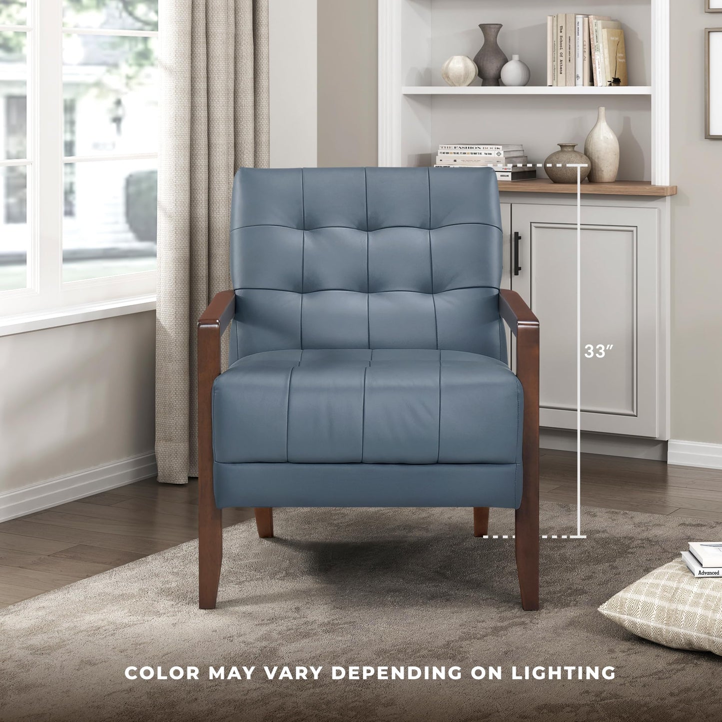 Lexicon Modern Accent Chair, Luxury Genuine Leather Match Living Room Chair with Tufted Cushions, Solid Wood Frame and Arm Rest, Comfy Upholstered Single Seat for Bedroom/Reading/Office, Blue