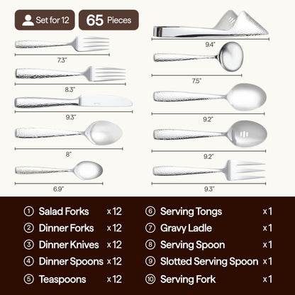 Luciella Ponza Flatware Set for 12, 65-Piece Stainless Steel Silverware Set with Serving Utensils, Timeless Hammered Design, Rust-Resistant, Mirror Polished & Dishwasher Safe, House Warming Gifts