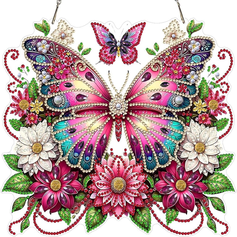 LPDJITO Butterfly Diamond Painting Kits Hanging Pendant, Special Shaped Crystal DIY Flowers Diamond Art Hanging Sign Double-Sided Pattern Gem Painting Window Door Ornament