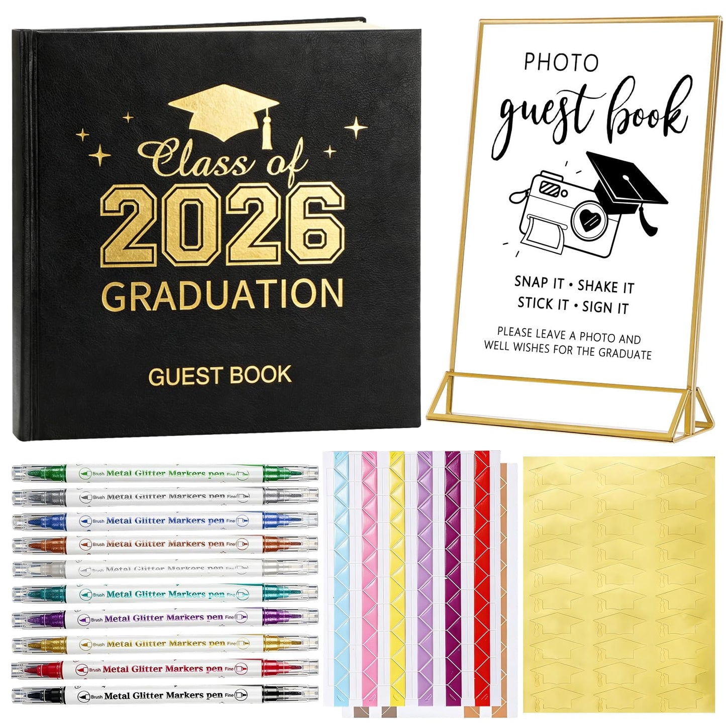 Pajean 2026 Graduation Guest Book Set with Photo Guest Book Sign Holder Dual Tip Pens Photo Corner Stickers Grad Cap Stickers for Congrats Grad Party Supplies Favors Gifts(Black Gold)