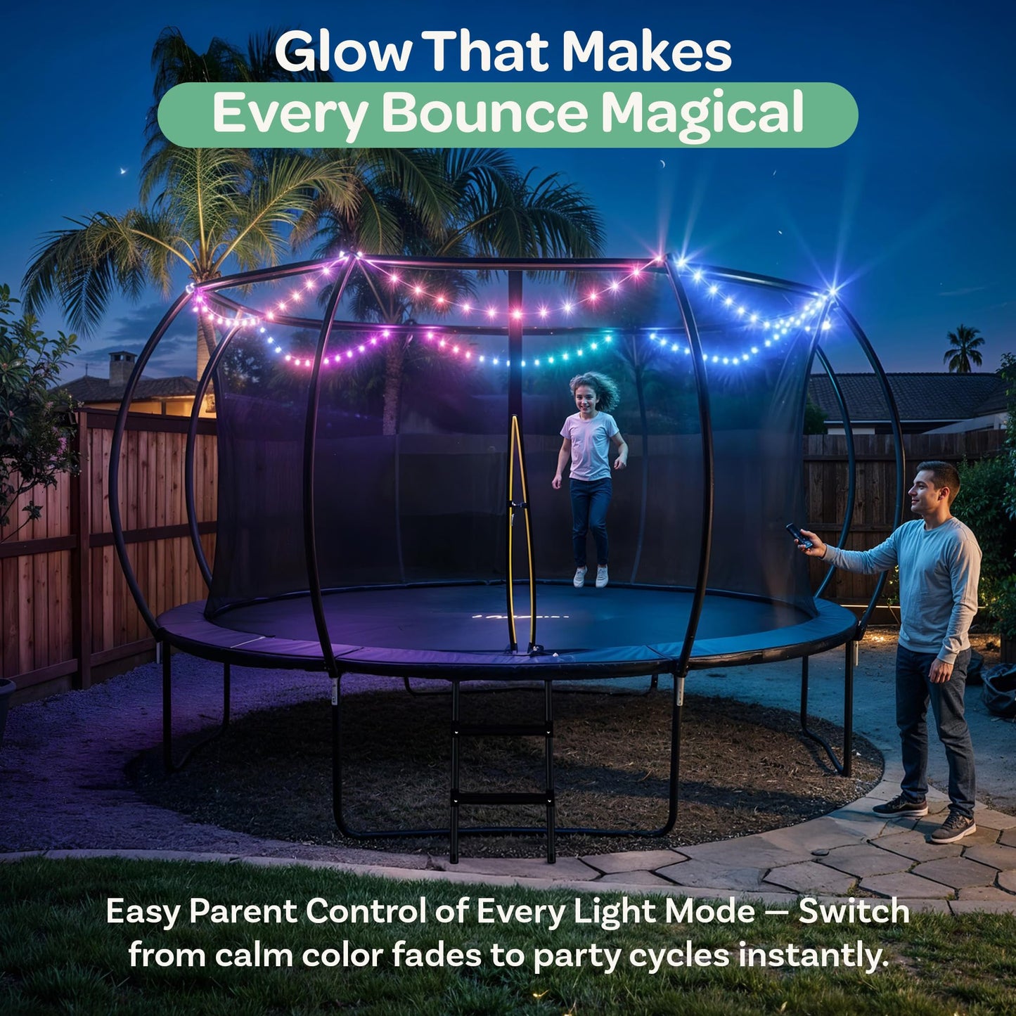 JoyBerri Trampoline Outdoor - Upsurge ASTM Certified Safe 8Ft 10Ft 12Ft 14Ft 15Ft 16Ft Recreational Trampoline for Kids and Adults. Anti-Rust Coating with Enclosure Net, Ladder, Sprinkler & LED Lights