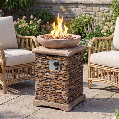 COSIEST Outdoor Propane Fire Pit Table w Faux Brown Compact Ledge Stone 20" Square Base and Faux Rose-Marble Round Bowl, Certified, 40,000 BTU, Free Lava Rocks, Fits 20lb Tank Inside, Raincover