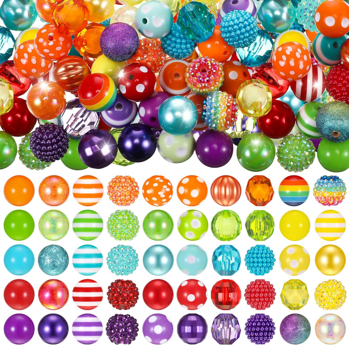 Huquary 100 Pcs 20mm Rhinestone Bubblegum Beads for Pens Mixed Crystal Resin Chunky Beads for DIY Craft Keychain Necklace Bracelet Jewelry Making(Rainbow Color)