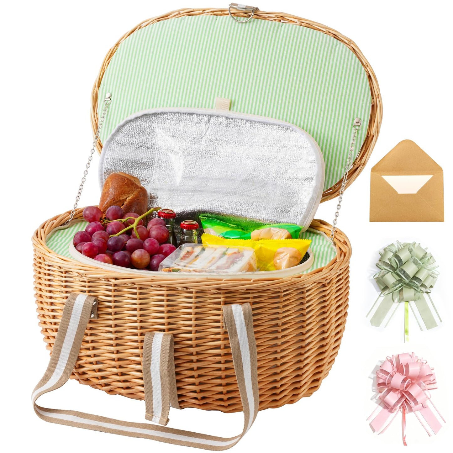 WeaveNove Picnic Basket Insulated with Lid, Extra Large Wicker Picnic Basket with Waterproof Insulated, Handwoven Portable Vintage Picnic Hamper 8.4 Gal(31.7L), Camping Outdoor Gifts Date, Natural