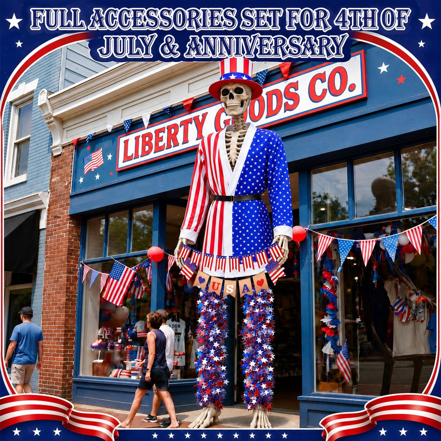 Ramede 8 Pcs 4th of July 12 ft Skeleton Outfit Accessories, Patriotic Red White Blue Hat USA Star Stripes Coat Banners & Tinsel Garlands for 12 Foot Skeleton Costume 250th Anniversary Outdoor Decor