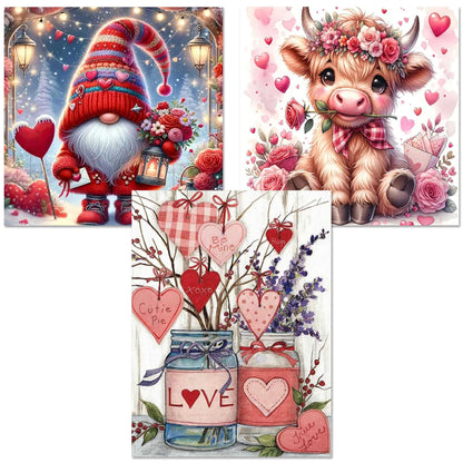 3 Pack Diamond Art Kits for Adults, Valentine's Day Diamond Painting Kits for Adults, 5D DIY Gem Art Paint With Diamonds Dots Crafts Kits for Home Decor Gift 12x16in/14x14in (Gnomes Cow and Flowers)