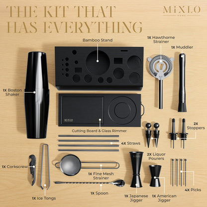 MIXLO HOME Mixology Bartender Kit - 22Pcs Bar Set Cocktail Shaker Set w Black Bar Cart Accessories Stand - Shakers Bartending Gun Metal Black Tools, 24oz Shaker, 17 Recipe Cards, Martini Barware